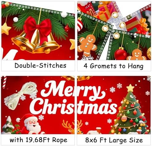 8x6ft Merry Christmas Backdrop Large Christmas Party Decoration Banner Xmas Backdrops for Wall Photography Background Photo Props with 19.68ft Ribbon - Image 3