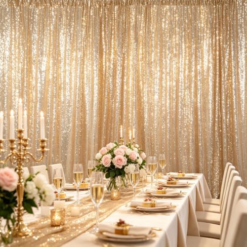 ShinyBeauty Light Gold Sequin Backdrop 8x10ft Fabric Drapes Birthday Party - Image 6