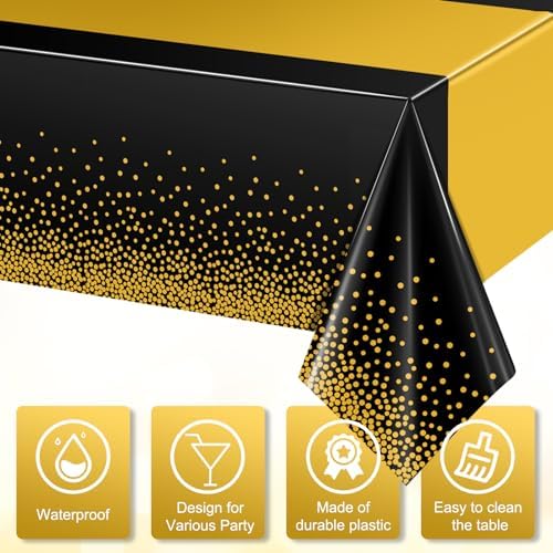 12Pcs Black and Gold Tablecloth Party Decorations,Plastic Black Table Cloth Printed Gold Table Runner Disposable Rectangle Table Cover for Birthday Retirement Anniversary Graduation Party,54 x108 Inch - Image 3