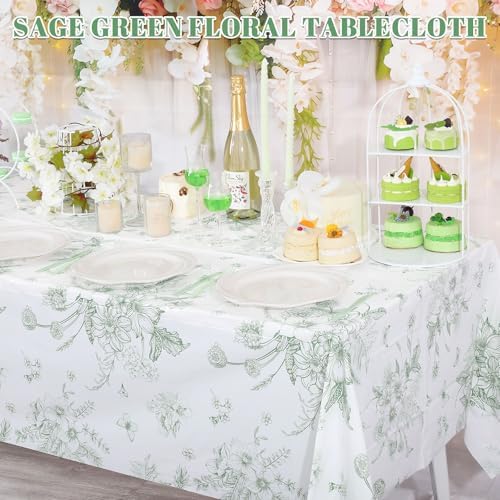 NatNarr 6 Pack Sage Green Floral Plastic Tablecloths, Tea Party Tablecloth - Image 3
