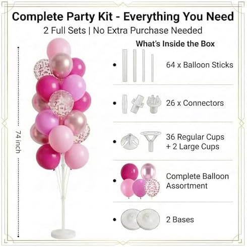 Balloon Column Kit Set of 2 With Balloons Included - Balloon Tower with Stand, Base, and Pole,Backdrop Decoration for Wedding, Baby Shower, Birthday Party (3xMetallic Light Pink) - Image 2