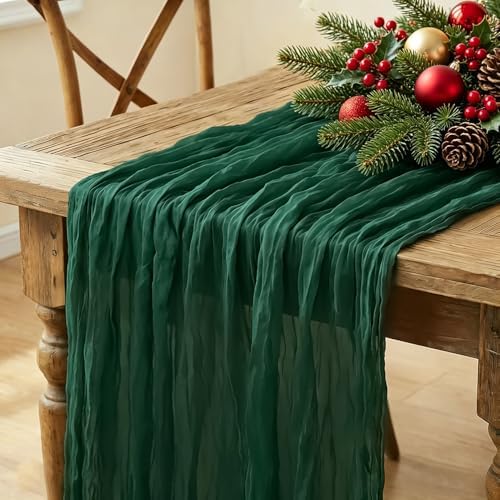 6Pcs Christmas Table Runner, 10FT Cheesecloth Emerald Green Table Runners 35*120inch Rustic Vintage Table Runner for Christmas Indoor Home Kitchen Table Party Decorations by Miucat