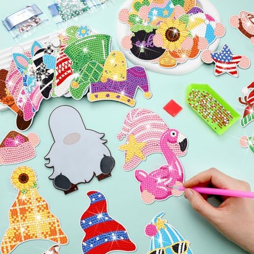 DoubleFill 42 Pcs Summer Diamond Kits 4th of July Interchangeable Wooden Table Decorations DIY Summer Holiday Party Seasonal Tiered Tray Art Decor Diamond Painting Magnets(Gnome) - Image 5