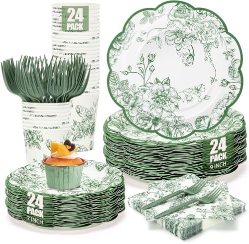 120Pcs Sage Green Floral Plates and Napkins Set for Wedding Bridal Shower by CENLBJ