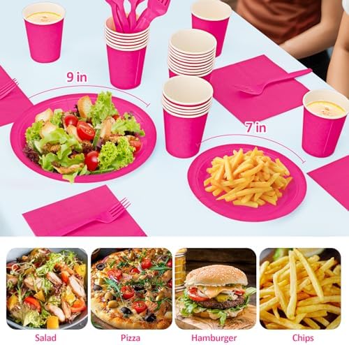 Hot Pink Plates and Napkins Party Supplies, Include 9’’Disposable Hot Pink Paper Plate, 7’’Dessert Plates and Cups and Napkins Forks Set for Birthday, Anniversaries, Wedding, Serves 25 - Image 3