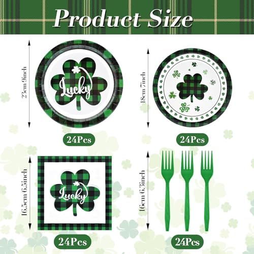 96 Pieces St. Patrick’s Day Tableware Set – Green and Black Plaid Shamrock Disposable Plates, Napkins, and Forks for Irish Party, Lucky Clover Celebration St. Paddy’s Day Dinner – Serves 24 Guests - Image 2