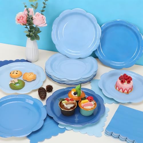 96Pcs Blue Plates and Napkins Party Supplies,Gradient Blue 9inch Plate and Napkin Tableware Set for Baby Shower Wedding Birthday Decorations Serves 48 Guests - Image 2
