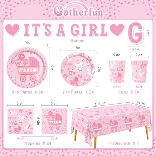 Baby Girl Shower Decorations for 24 Guests - It’s A Girl Decorations Kit Including Disposable Plates, Napkins, Cups, Tablecloth & Banner for Baby Shower Decorations Girl - Image 2