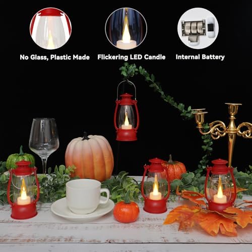 12Pcs Red Mini Lanterns for Centerpiece – Vintage Lantern Decor for Christmas, Halloween, Weddings & Western Party – Hanging Ornaments Bulk with Flicker LED Candle for Cowgirl, Camping Decor - Image 5