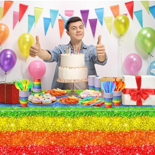 Zhehao 169 Pcs Rainbow Party Supplies Disposable Tablecloth Plates,Colorful - Image 6
