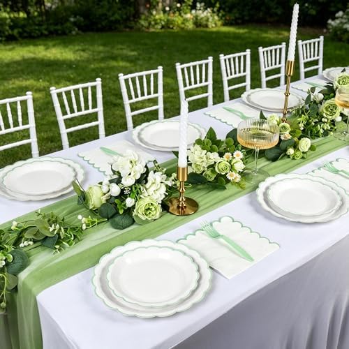 96 Pcs Sage Green and White Paper Plates and Napkins Set Include 9'' White Dinner Plates with Sage Green Scalloped Rim, 7'' Dessert Plates, Napkins & Forks for Baby Shower Wedding Birthday - Image 4