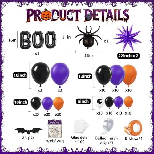 Halloween Arch Garland Kit 146pcs with Spider BOO Star Foil Balloon, Spider Web, Bats, Black Orange Purple Eye Latex Balloons for Birthday Supplies Halloween Party Decorations - Image 2