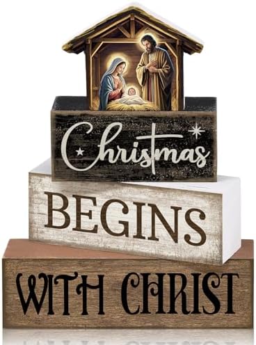 Moucuny 4 Pcs Christmas Table Decoration Christmas Begins with Christ Signs by Moucuny