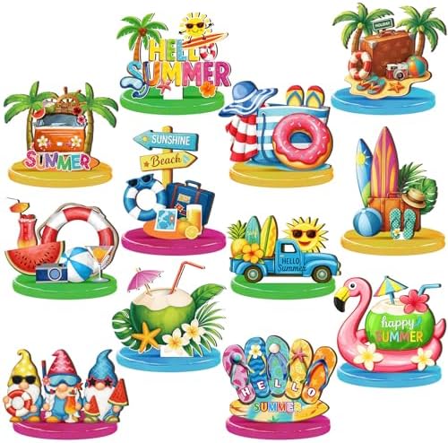 Wesiti 12 Pcs Summer Table Decor Wooden Summer Beach Table Centerpieces Beach Pool Balls Palm Tree Flamingo Tabletop Topper Tropical Hawaii Tiered Tray Decor for Kitchen Holiday Pool Party Supplies by Wesiti