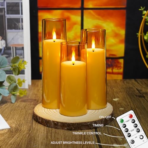 kakoya Flickering Flameless Candles Battery Operated with Remote and 2/4/6/8 H Timer Acrylic Led Pillar Candles Pack of 9 (appr D2.3"xH5.5"6.5"7.5")with Realistic 3D Wick Candles for Home Decor(Gold) - Image 3