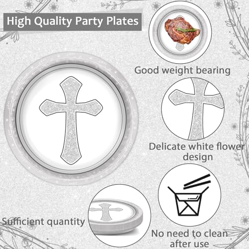 96Pcs Baptism Cross Plates and Napkins First Holy Communion Birthday Party Decorations Gray Religious Christening Ceremony Dessert Plates Tableware Set for 24 Guests Cross Baptism Party Supplies - Image 3