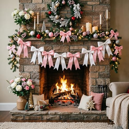 1 Strings Pink White Bow Garland Banner Decorations, Pre-Strung Satin Ribbon Bows for Birthday, Baby Shower, Bridal Shower, Coquette Girls Room, Bow Themed Party, Wedding, Christmas Tree Decorations - Image 6