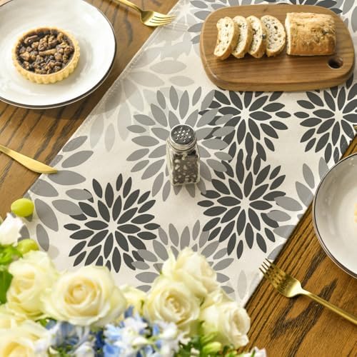 Artoid Mode Grey Floral Pinnata Dahlia Table Runner, Seasonal Kitchen Dining Table Decoration for Home Party Decor 13x120 Inch - Image 4