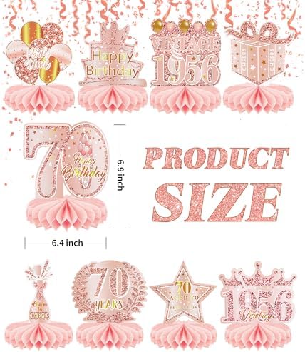 9 Pcs 70th Birthday Decoration for Women 1956 Pink Table Honeycomb Decor - Image 2