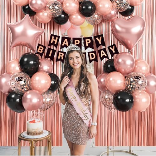 Rose Gold Birthday Decorations for Women Rose Gold Black Birthday Balloon - Image 3