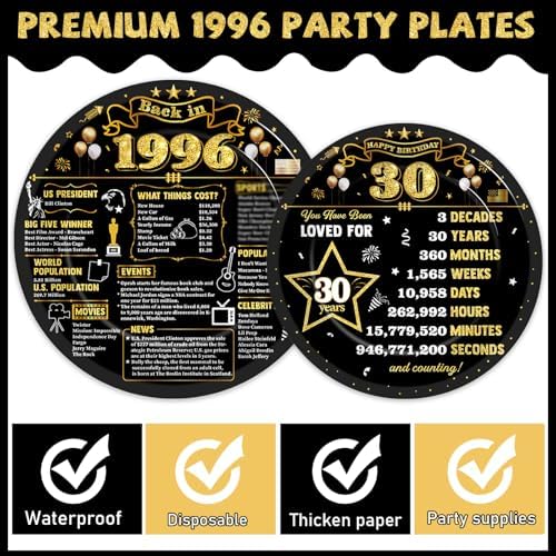 96Pcs 30th Birthday Plates and Napkins Back in 1996 Party Decorations Black Gold 30 Year Old Party Dessert Plates 1996 Birthday Tableware for 24 Guests 30th Theme Men Woman Bday Parties Supplies - Image 3