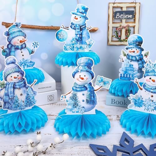 Whaline 10Pcs Winter Honeycomb Centerpieces Blue Watercolor Snowman Honeycomb Decor Winter 3D Table Decoration for Xmas Holiday Birthday Party Supplies - Image 4