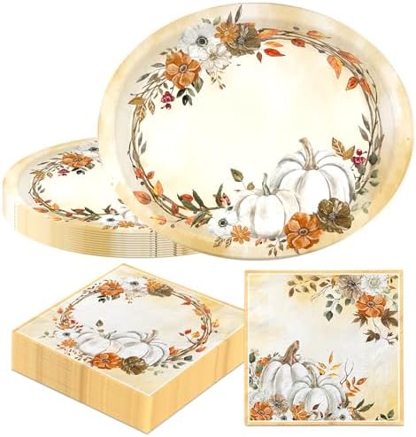White Pumpkin Paper Plates and Napkins Serve 50, Boho Oval Fall Plates 10" x 12" with 6.5" Napkins Floral Autumn Tableware Fall Party Decorations for Birthday Baby Shower Bridal Shower Thanksgiving by Unknown