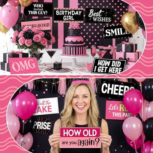 Beeveer 24 Designs Birthday Photo Booth Props, Pink PVC Selfie Signs - Image 5