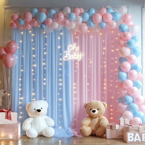 10x10ft Baby Pink Blue Tulle Backdrop Curtain with Lights String for Parites, Sheer Photo Backdrop Drapes with Lights for Wedding Backdrop Ceremony Reception Bridal Shower Baby Shower Birthday Party - Image 3
