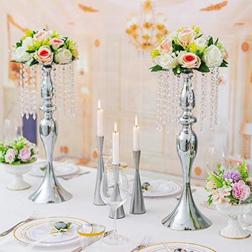 Sziqiqi Silver Floral Centerpiece Riser with Crystal Beads, 10Pcs - Image 3