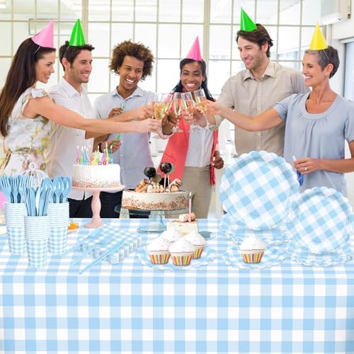 WNINK 176 PCS Light Blue Gingham Plates and Napkins, Blue Checkered Disposable Plates Set with Napkins Cups Plastic Spoons Forks Knives for Dinner Birthday Baby Shower Wedding Supplies Serve 25 Guests - Image 3