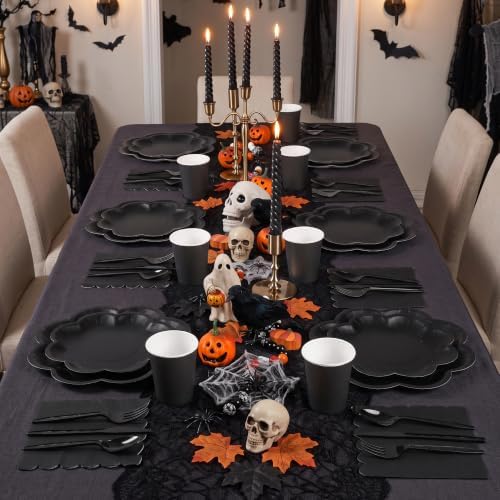 350 Pcs Halloween Black Paper Plates and Napkins Set, Serve 50 Guests - Image 6