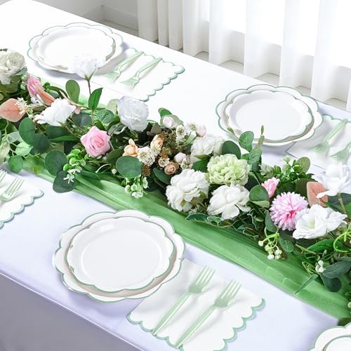 96 Pcs Sage Green and White Paper Plates and Napkins Set Serve for 24 Guest - Image 3