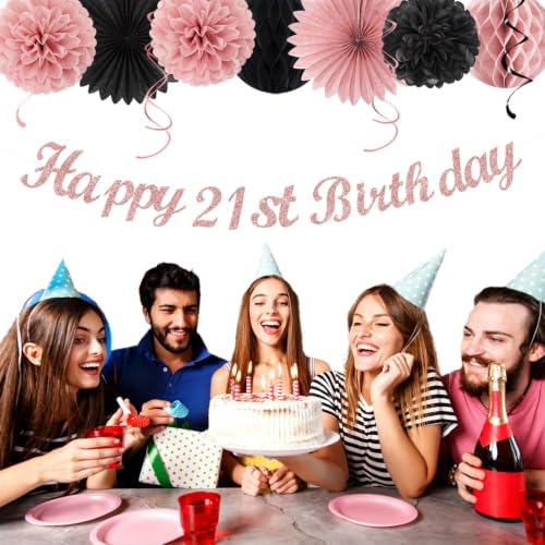 Rose Gold Pink Black 21st Womens Happy Birthday Party Decorations Hugmoon - Image 2