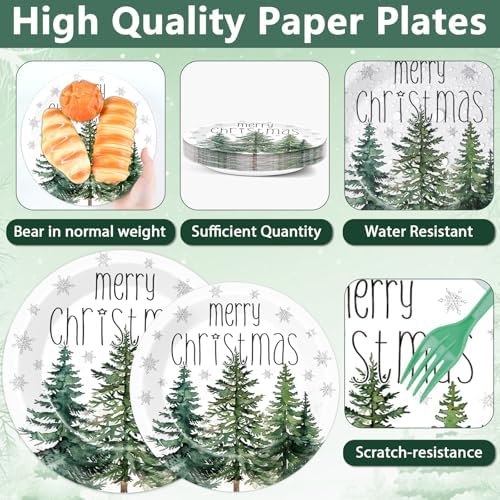 96Pcs Christmas Paper Plates and Napkins for Merry Christmas Watercolor Cedar Snowflake Party Supplies Xmas Pine Trees Party Tableware Set for 24 Guests Holiday Winter Xmas Party Decorations - Image 3
