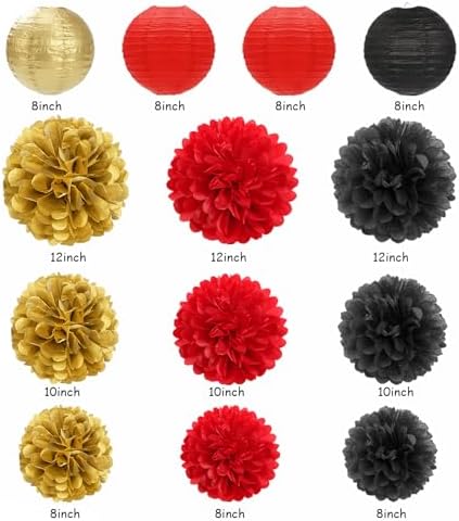 Red-Black Gold Casino Theme Party-Decorations - 20pcs Game Night Paper Lanterns Fans,Tissue Pom Poms,Honeycomb Balls,Bunting,Birthday Graduation Wedding Bridal Baby Shower Decor Burgleda - Image 3