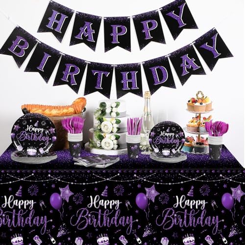 Vesici 171 Pcs Happy Birthday Party Supplies 24 Set Table, Black, Purple - Image 4