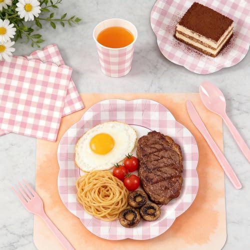 168Pcs Pink Gingham Scalloped Paper Plates and Napkins Set for 24 Guests - Image 6