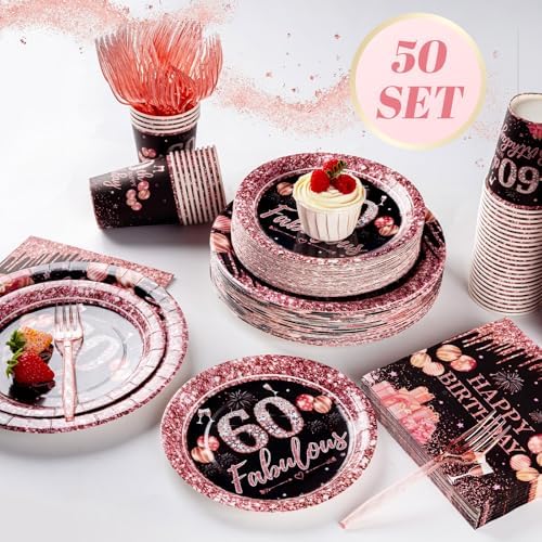250PCS 60th Birthday Party Decorations for 50 Guests Black and Rose Gold Party Supplies for Women Include Disposable Paper Plates, Napkins, Cups, and Disposable Plastic Cutlery (60) - Image 4