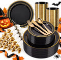 WELLIFE 350PCS Black and Gold Plastic Plates - Plastic Dinnerware Set for 50 Guests,Include 50 Dinner Plates, 50 Dessert Plates, 50 Black Cups 9 OZ, 50 Pre Rolled Napkins with Gold Silverware by WELLIFE