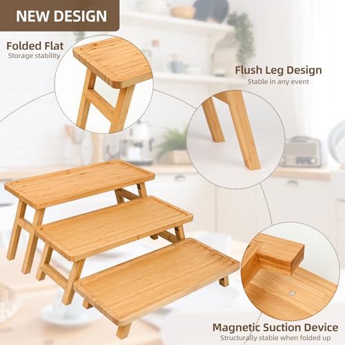 GEHE Natural Bamboo Cupcake Stand, Foldable 3 Tier Cupcake Display Stand Tower, Dessert Table Serving Tray for Birthday/Wedding/Christmas/Party, Charcuterie Boards - Image 3
