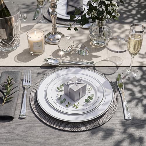 WDF Partyware 350Piece Silver Plastic Dinnerware Set for 50 Guests - Silver Plastic Plates with Cutlery Include:50Dinner Plates-50Dessert Plates-50Pre Rolled Napkins with Silverware Party Wedding - Image 5
