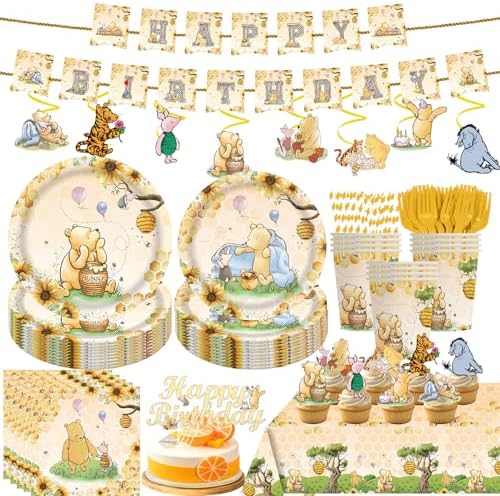 139 PCS Birthday Decorations All-in-One Tableware Kit with Banner, Cake Topper, Tablecloth, Plates and Napkins, for Boy First Birthday, Serves 20 Guests (YELLOW) by Tonytaparty