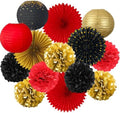 ADLKGG 14 Pcs Red Black Gold Party Decorations, Paper Fans Lanterns Pack by ADLKGG