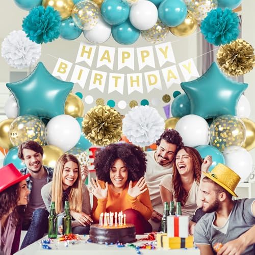 Teal & Gold Birthday Decorations - Turquoise Blue White Gold Balloons, Happy Birthday Banner, Foil Balloons, Aqua Pom Poms for Women & Girls Parties - Image 5