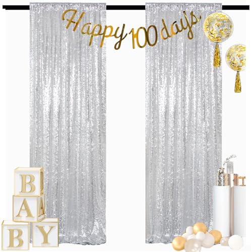 ShinyBeauty Silver Backdrops 2 Pieces Sequin Curtains 4FTx7FT Photoshoot Background Shimmer Backdrop Curtain Panels Sparkle Backdrop for Birthday,Wedding,Party Studio Decor(8FTX7FT) by ShinyBeauty