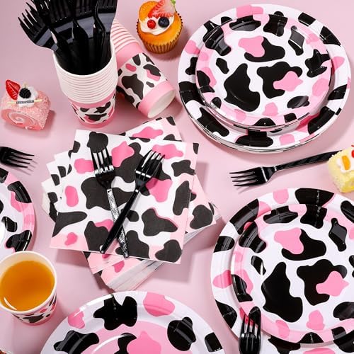 Kochorie 144 Pieces Pink Cow Print Party Tableware Sets Including Disposable Plates Napkins Cups Forks Serves 24 for Cow Theme Farm Animal Party Supplies - Image 4