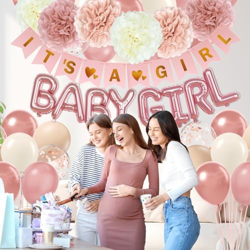 Vicduotex Pink Baby Shower Decorations with Ivory Paper Pom Poms - Image 4