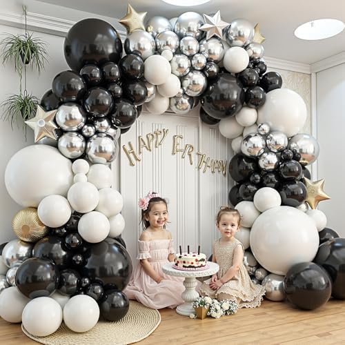412Pcs Black and Silver White Balloon Arch Kit, 18 12 10 5 Inch Different Size Black and Silver White Balloons for Graduation Birthday Wedding Party Decorations - Image 6