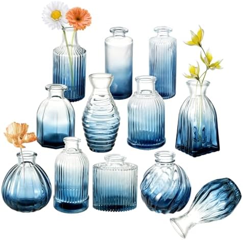 Bud Vases Set of 12, Gradient Blue Glass Vase Vintage Flower Vase for Decor Ribbed Small Bud Vases in Bulk Cute Wedding Birthday Party Centerpieces Table Decoration Home Decor by PHUNTTEK